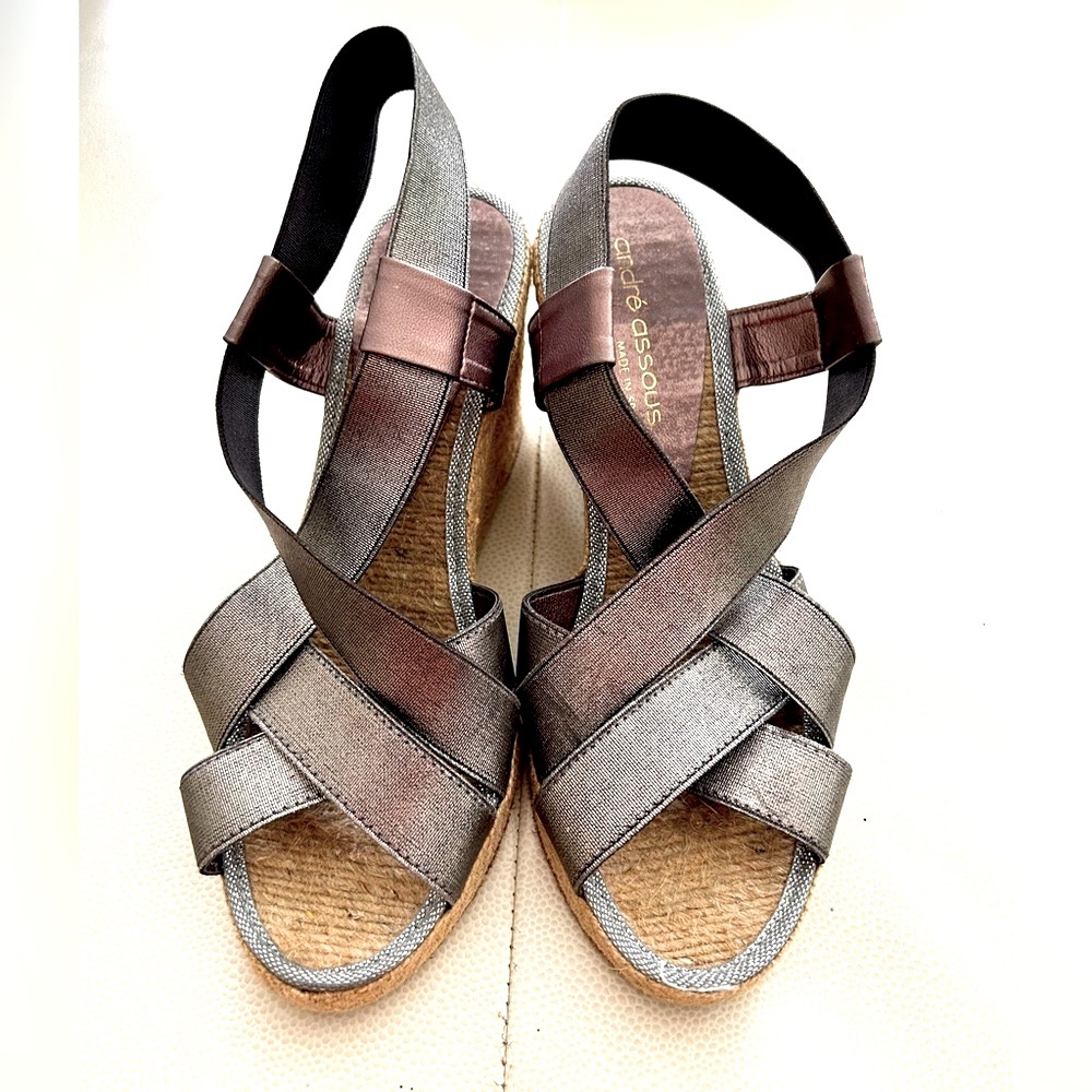 Designer Andre Assous Wedges Stacked Heels Pewter 8 Strappy Espadrilles